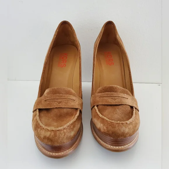 Michael Kors leather loafer wedges in luggage suede 10m - Picture 1 of 9